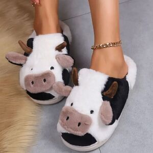 Y2k Faux Fur Cow Slippers 7.5 Multicolor Winter Shoes Cozy Comfy Cottagecore